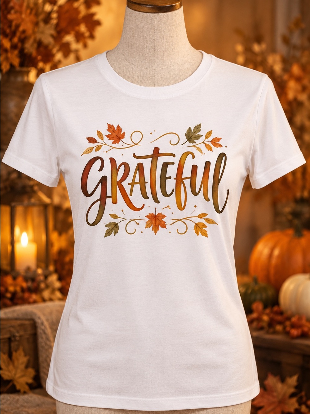 Gildan White 'Grateful' Fall Leaf Graphic Tee